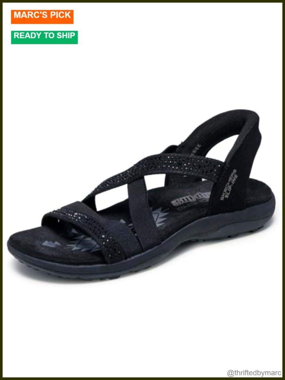 Skechers Reggae Slim Rhinestone Knit Sandals Slingback Stretch Fit Athletic